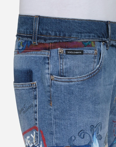 Shop Dolce & Gabbana Short Printed Jeans With Patch In Blue