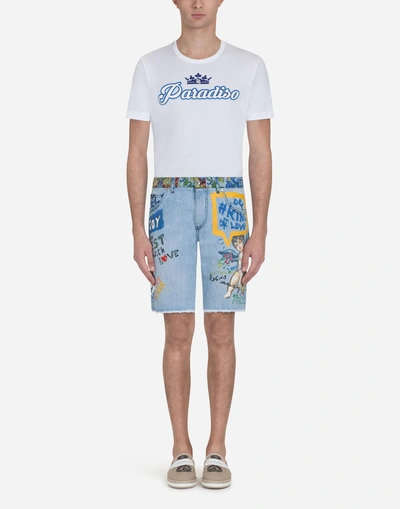 Shop Dolce & Gabbana Printed Denim Bermuda Shorts In Blue