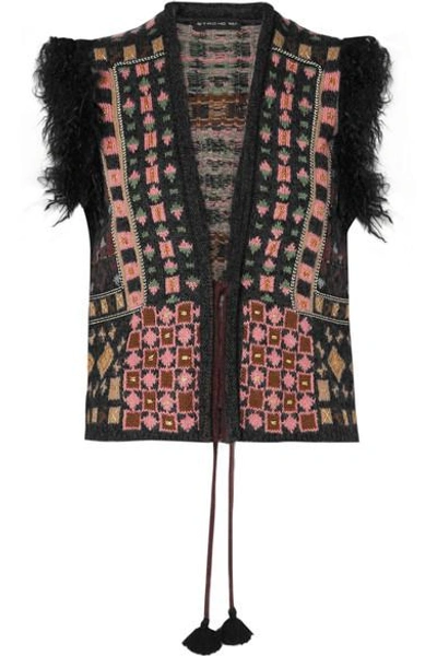 Shop Etro Faux Fur-trimmed Jacquard-knit Vest In Black