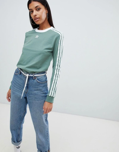 Adidas Originals Three Stripe Long Sleeve T-shirt In Green - Green |  ModeSens
