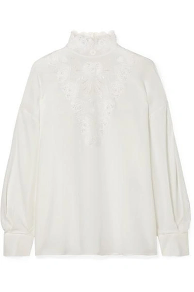 Shop Fendi Broderie Anglaise Silk Crepe De Chine Blouse In White