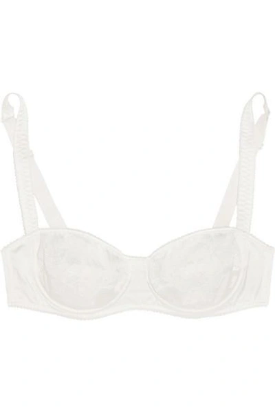 Shop Dolce & Gabbana Lace-trimmed Stretch-silk Satin Underwired Balconette Bra In White