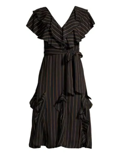 Shop Alice And Olivia Tessa Ruffle A-line Dress In Pinstripe