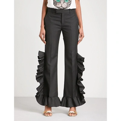 Shop Gucci Ladies Black Ruffled Wide High-rise Wool And Mohair-blend Trousers