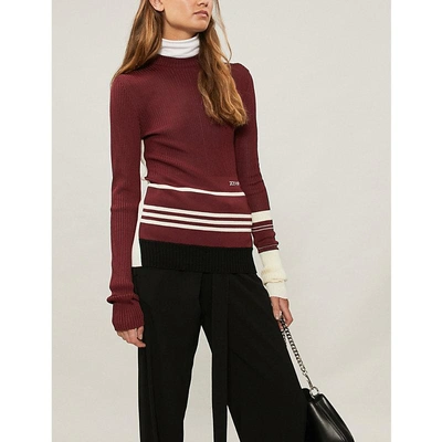 Shop Calvin Klein 205w39nyc Striped-detail Ribbed-knit Top In Burgundy/ivory/black