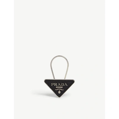 Shop Prada Triangle Logo Saffiano Leather Keyring In Black