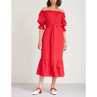 Shop Kitri Cora Off-the-shoulder Cotton Midi Dress In Red