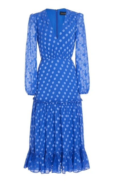 Shop Saloni Devon Dotted Frill Dress In Blue