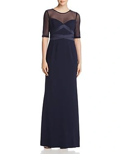 Shop Adrianna Papell Satin-trimmed Illusion Gown In Midnight