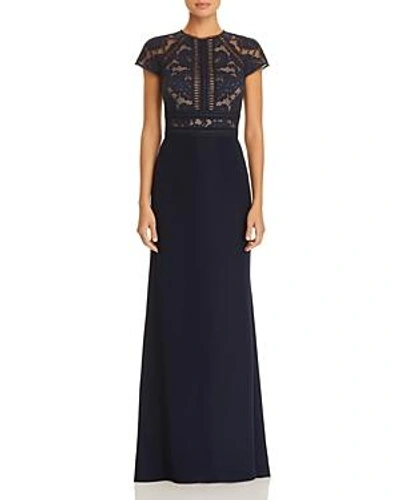 Shop Tadashi Shoji Lace-bodice Crepe Gown In Navy/nude