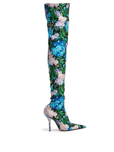 Balenciaga Knife Over-the-knee Booties In Blue Floral Print | ModeSens