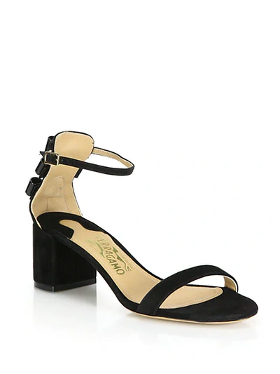 Shop Ferragamo Connie Suede Mid-heel Sandals In Black
