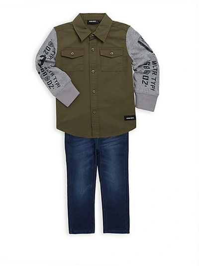 Shop Diesel Little Boy's Military Raglan Sleeve Top & Jeans Two-piece Set In Military Green