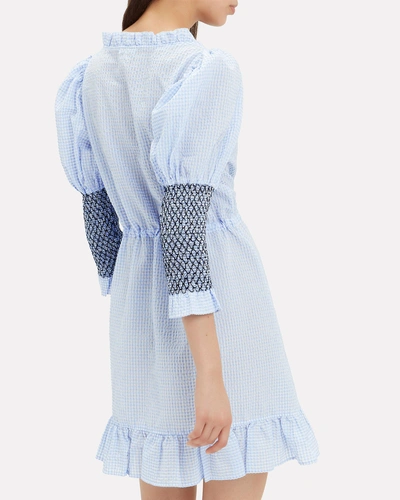 Ganni Charron Embroidered Seersucker Mini Dress In Serenity Blue | ModeSens