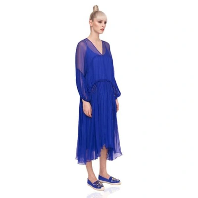 Shop Nissa Loose Silk Dress With Puffed Sleeves In Blue