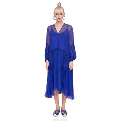 Shop Nissa Loose Silk Dress With Puffed Sleeves In Blue