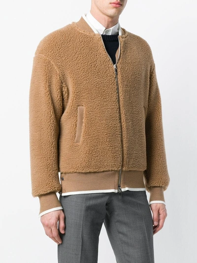 Shop Thom Browne Bomber With Tipping Stripe In Baby Camel Hair Sherpa