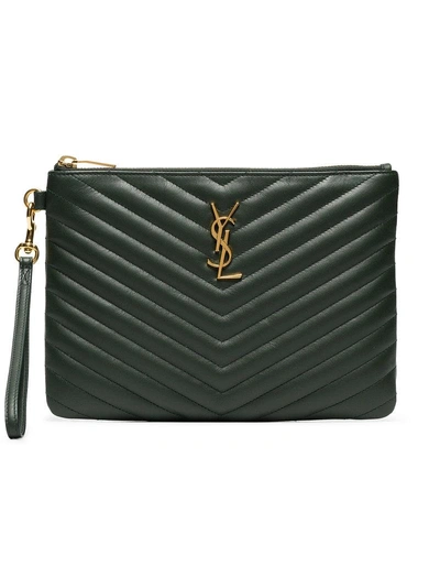 Shop Saint Laurent Green Monogram Small Quilted Leather Pouch