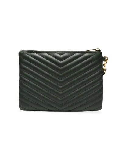 Shop Saint Laurent Green Monogram Small Quilted Leather Pouch
