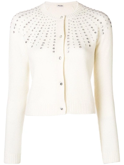 Shop Miu Miu Cashmere Embellished Cardigan - White