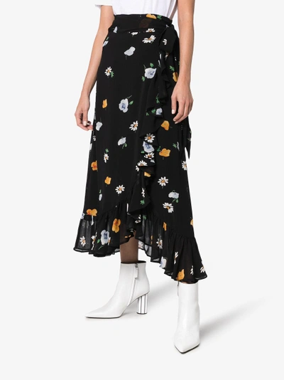 Shop Ganni Georgette Floral And Daisy Wrap Skirt In Black