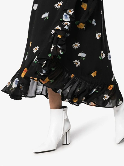 Shop Ganni Georgette Floral And Daisy Wrap Skirt In Black