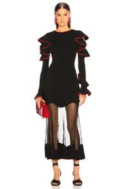 Shop Alexander Mcqueen Long Sleeve Sheer Hem Midi Dress In Black & Red