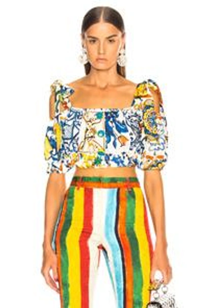 Shop Dolce & Gabbana Maiolica Print Cropped Blouse In Blue,floral,white