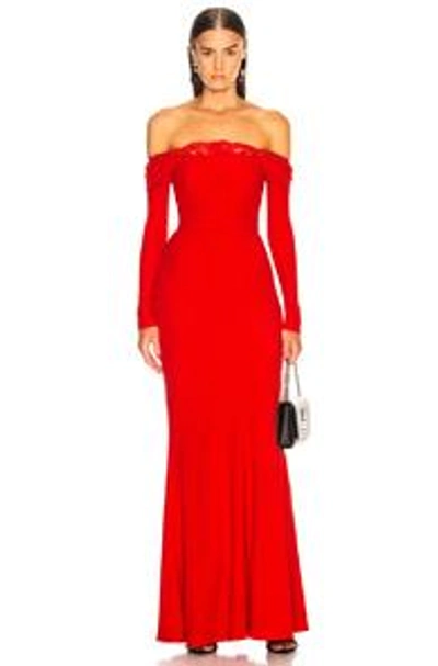 Shop Alexander Mcqueen Lace Trim Off Shoulder Gown In Lust Red