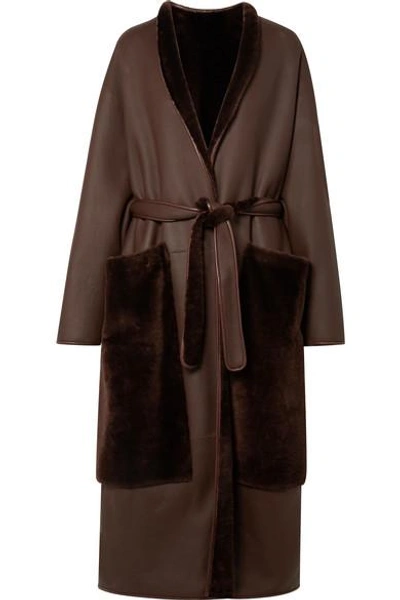 Shop The Row Nooman Oversized Belted Shearling Coat In Dark Brown