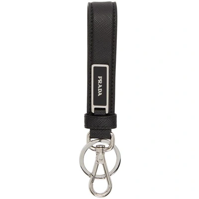 Shop Prada Black Saffiano Strap Keychain In F0002