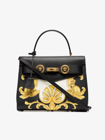 Shop Versace Black, White And Yellow Barocco  Print Icon Leather Bag