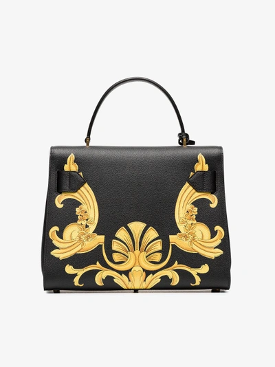 Shop Versace Black, White And Yellow Barocco  Print Icon Leather Bag