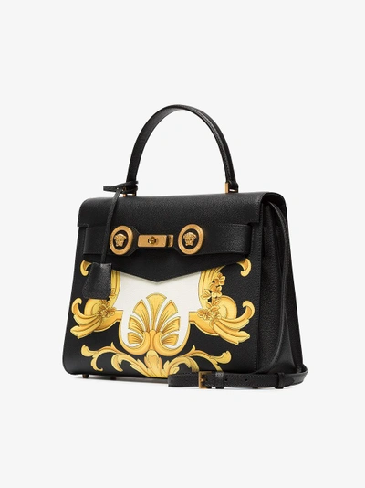 Shop Versace Black, White And Yellow Barocco  Print Icon Leather Bag