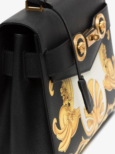 Shop Versace Black, White And Yellow Barocco  Print Icon Leather Bag