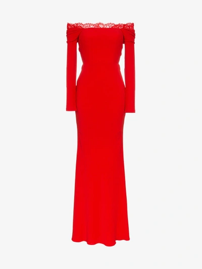 Shop Alexander Mcqueen Off The Shoulder Evening Dress In Red