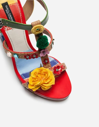 Shop Dolce & Gabbana Wedge Sandals In A Mix Of Materials With Embroidery In Multi-colored