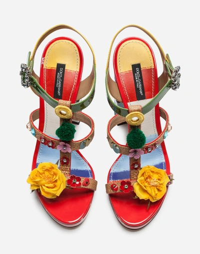 Shop Dolce & Gabbana Wedge Sandals In A Mix Of Materials With Embroidery In Multi-colored