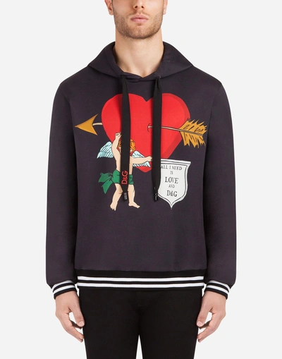 Shop Dolce & Gabbana Printed Cotton Sweatshirt With Hood In Black