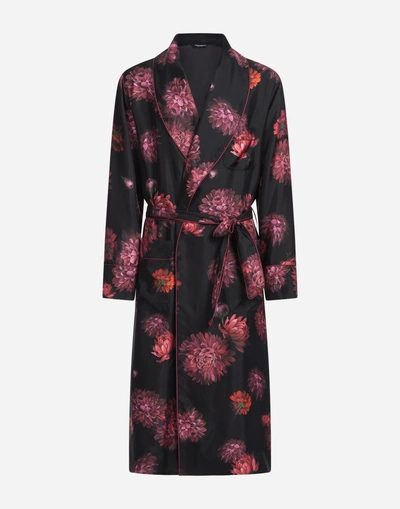 Shop Dolce & Gabbana Printed Silk Robe In Black