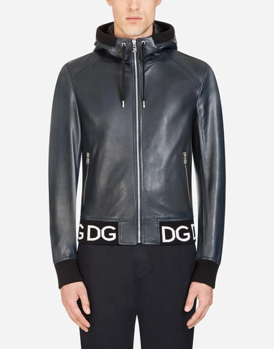 Shop Dolce & Gabbana Leather Jacket With Hood And Logo Band In Blue