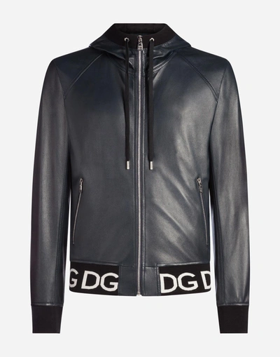 Shop Dolce & Gabbana Leather Jacket With Hood And Logo Band In Blue