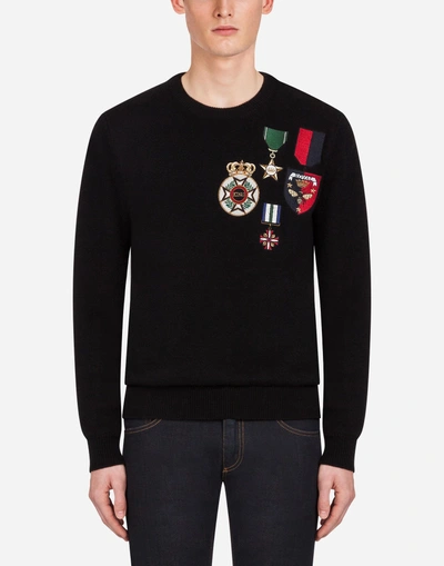 Shop Dolce & Gabbana Crew Neck Knit In Wool With Embroidery In Black