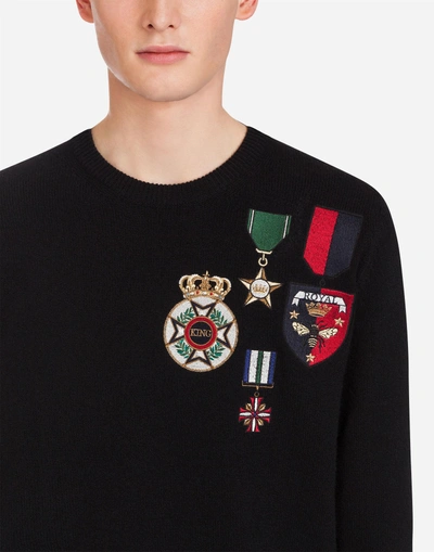 Shop Dolce & Gabbana Crew Neck Knit In Wool With Embroidery In Black