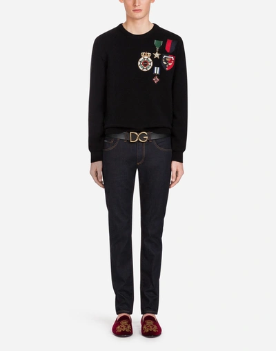 Shop Dolce & Gabbana Crew Neck Knit In Wool With Embroidery In Black