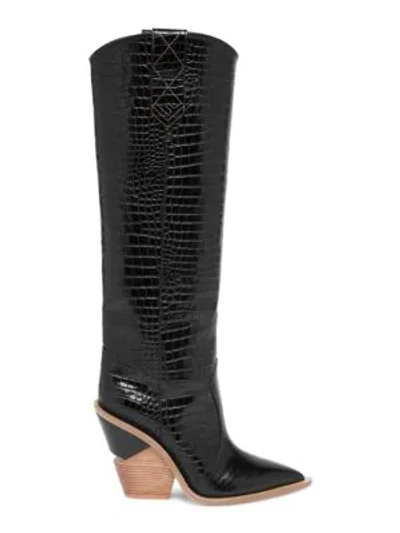 Shop Fendi Stamped Croc Leather Knee-high Cowboy Boots In Black