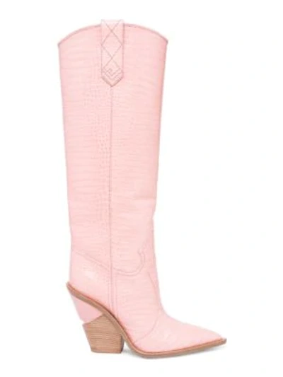 Shop Fendi Stamped Croc Leather Knee-high Cowboy Boots In Pink
