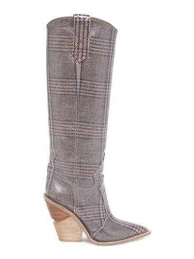 Shop Fendi Plaid Leather Tall Boots In Grey