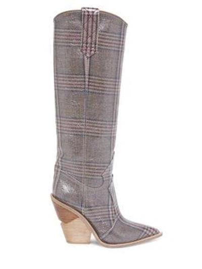 Shop Fendi Plaid Leather Tall Boots In Grey