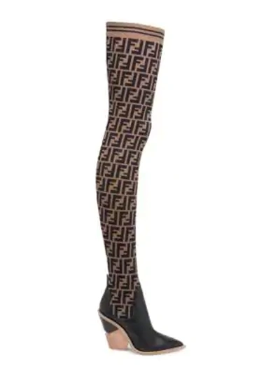 Shop Fendi Thigh-high Knit Leather Boots In Brown